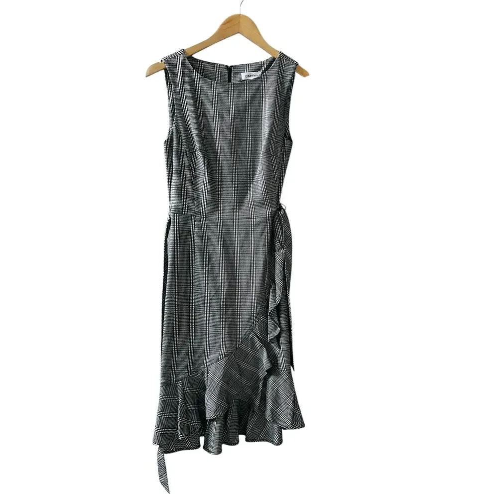 Calvin Klein Plaid Sleeveless Ruffle Belted Dress Size 2 Black White - Picture 2 of 9